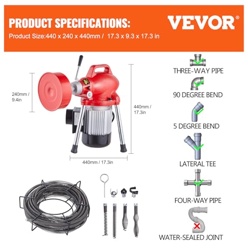 VEVOR Drain Cleaner Machine 66FT x 5/8 Inch, 250W Electric Sewer Snake Auger with 2 Sectional Steel Cables (66' x 5/8" and 15' x 3/8"), 7 Cutters and CW/CCW Control for 1.6" to 4" Pipes - style: 66Ft x 5/8Inch & 7 Cutters