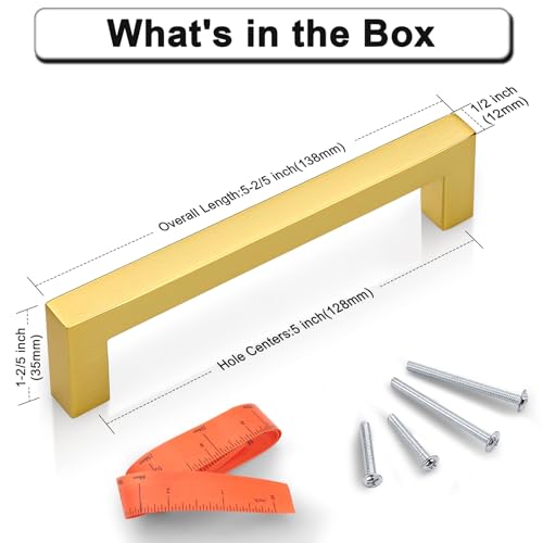 Probrico 10 Pack Gold Cabinet Pulls Square Kitchen Cabinet Hardware 5 Inch(128mm) Hole Center Modern Drawer Handles Stainless Steel Golden Drawer Pulls for Cupboard - color: Gold, size: hole center 5"