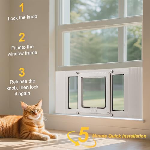 Cat Door for Window, Quick Damage-Free Install, 28"-32" Width Adjustable, All Aluminum Frame, 4-Way Lock, Magnetic Closure Cat Window Door, Extra Window Sealing Strips (M) - size: M: Fits 28"-32" Width
