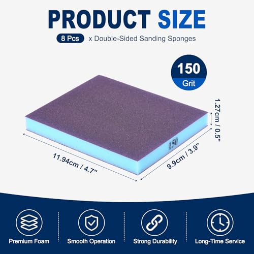 8Pcs 150Grit Double-Sided Sanding Sponges, Washable & Reusable - size: 150Grit