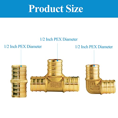 WiseWater 36 Pcs Pex Fittings, 1/2 inch T PEX Tee(12PCS) & 90 Degree Elbow & Straight Coupling, Brass Barb Crimp Pipe Fitting for Pex Pipe(Pack of 36), UPC Certified - size: ZH61902(1/2" PEX FITTINGS 36pk)