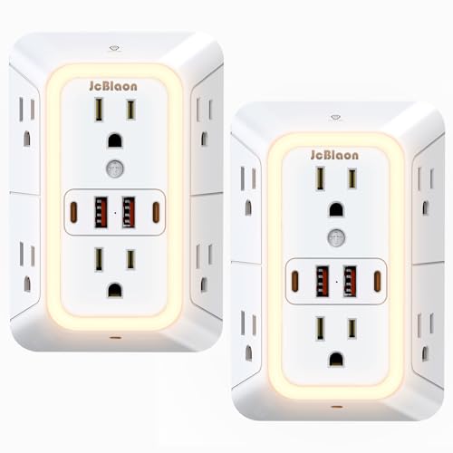 Outlet Extender with Night Light, Multi Plug Outlet Surge Protector,6 Outlet Splitter with 4 USB Outlet (2 USB A,2 USB C) 3 Sided Multi Plug Wall Adapter Power Strip for Home Travel Office 2 Pack - color: White-2Pcs