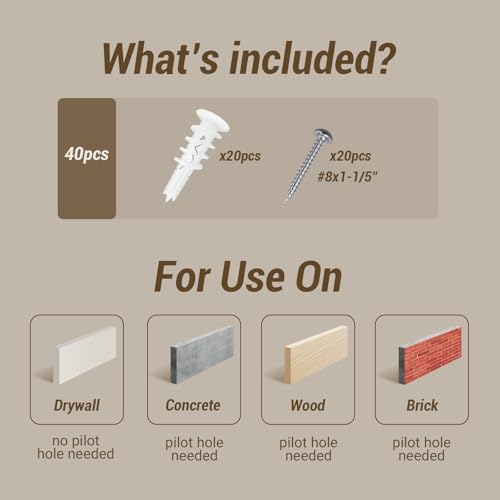 40Pcs Drywall Anchors and Screws Kit, Self Drilling Drywall Anchors Heavy Duty Holds 80lbs, No Drill Hole Required, #8 Phillips Head Screws Assortment Kit for Sheetrock/Plaster Walls(40)