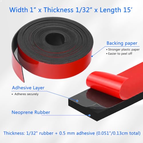 WochiTV Adhesive Solid Rubber Strips, 1" Wide x 1/32" Thick x 180" Long Self Stick Black Neoprene Rubber Rolls Perfect for DIY Insulation Cushion Gasket, Sealing, Liner, Weather Striping - size: 1" W X 180" L, style: 1/32" Thick Adhesive