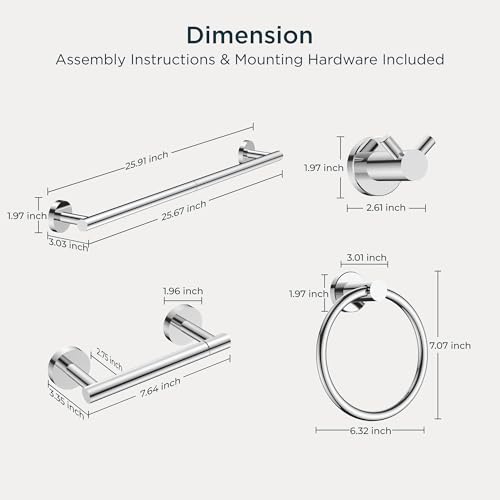 FORIOUS Bathroom Accessories, 4-Piece Bathroom Hardware Set - 24" Towel Bar - color: Chrome