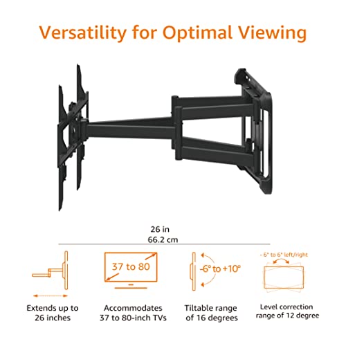 Amazon Basics Heavy Duty Extension Dual Arm, Full Motion Articulating TV Mount with Tilt and Swivel for 37" to 80" TVs up to 132 lbs, VESA Compatible, Fits LED LCD OLED Flat Curved Screens, Black - style: Full Motion Articulating Extension