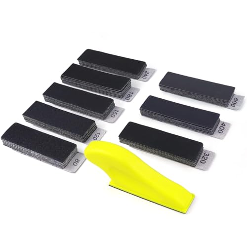 POLIWELL Micro Sander Tool, Detail Finger Sander for Crafts, 80 PCS Wet Dry Sandpaper 80 120 150 180 240 320 400 600 Grit + 3.5” x 1” Mini Handle Sanding Block for DIY, Wood, Metal and Narrow Spaces - style: 80 Pcs