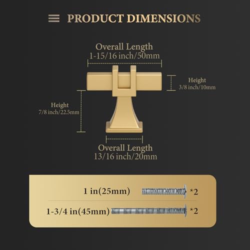 Haliwu 10 Pack Gold Cabinet Knobs Brass Kitchen Handles Drawer Pulls - color: Matte Gold, size: T-bar knob