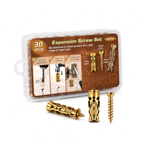 6×14mm Short Expansion Screw Set for Cabinet Hinge Repair & Stripped Thread Restoration Door Hinge, Fits 6mm Drill Holes in Tile Stone Wood 30Set