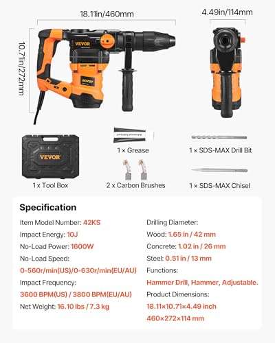 VEVOR 1-9/16 Inch SDS-Max Rotary Hammer Drill, 13Amp Corded Drills, Heavy Duty Chipping Hammers w/Vibration Control & Safety Clutch, Electric Demolition Hammers Variable Speed, Power Tool For Concrete - size: 1-9/16 in