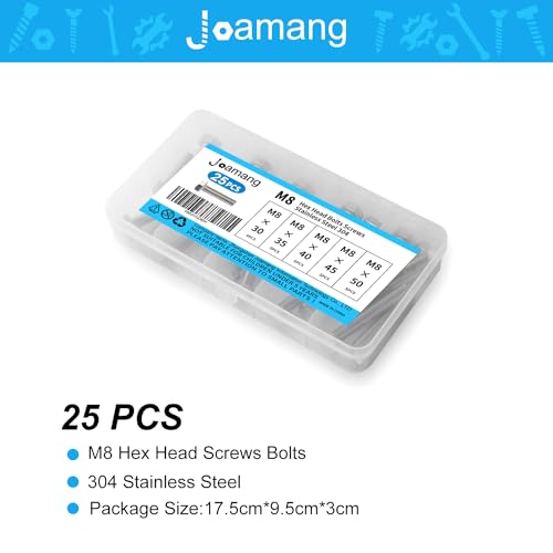 M8 x 30mm 35mm 40mm 45mm 50mm Hex Bolts, Hexagon Head Screws, 304 Stainless Steel(A2-70), Metric Fully Thread, Bright Finish, Assortment Kit 25PCS - size: M8 x 30-50mm (25PCS)