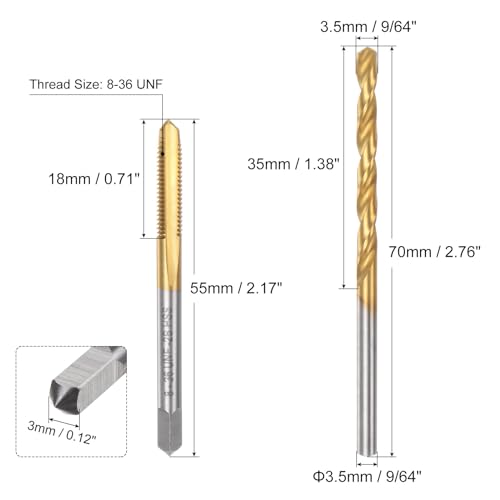 uxcell Tap & Drill Bit Set, 8-36 UNF Straight Flute Thread Tap and 9/64" (3.5mm) Twist Drill Bit, Titanium Coated M2 High Speed Steel Thread Repair Tapping Tools - size: 8-36 UNF + 9/64" (3.5mm)