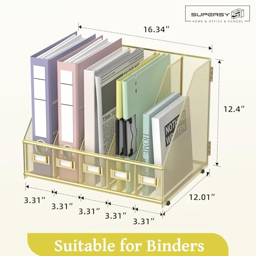 SUPEASY Desk Organizers Metal Desk Magazine File Holder with 5 Vertical Compartments Rack File Organizer for Office Desktop, Home Workspace, Gold Plus - color: Gold, size: Large
