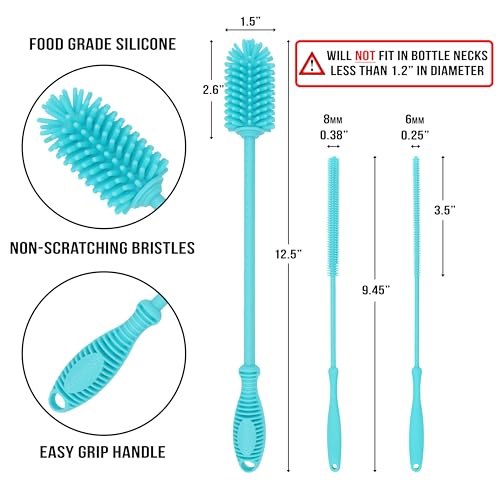 Kitchiny Silicone Bottle Brush 12.5 inch with 2 Straw Cleaners – Blue | Bottle Cleaner Brush for Yeti, Hydro Flask, Owala, Stanley, Baby Bottles, Vases & Narrow Neck Containers - color: Blue