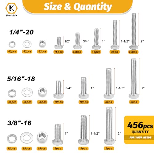 KADRICK 456PCS Stainless Steel Bolt and Nut Kit,SAE 1/4-20 5/16-18 3/8-16 - size: 456Pcs Stainless SAE Hex Bolts