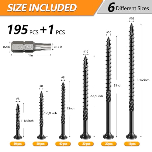 #8#10 Wood Screws Kit, 6 Sizes (1-1/4", 1-5/8", 2", 2-1/2", 3", 3-1/2") - color: Black