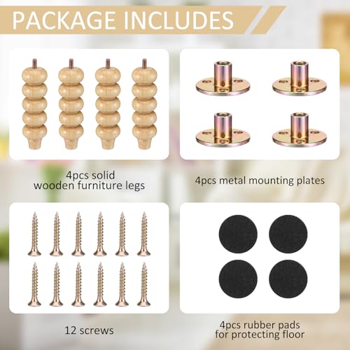 6 Inch Wood Furniture Legs Set of 4 Rubber Wood Couch Legs Round Furniture Replacement Mid Century Natural Bun Feet for Desk Dresser Sofa Cabinet Ottoman Chair and Bed - color: Natural, size: 6 Inch