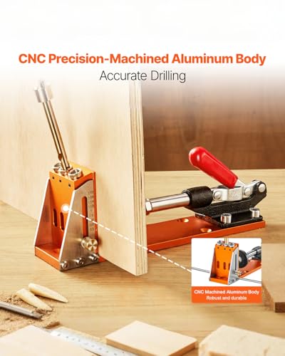 VEVOR Pocket Hole Jig Kit, Adjustable and Easy to Use Pocket Hole Jig System with Step Drills, Wrenches, Drill Stop Rings, Screws and Square Drive Bits, Dual Scale Marks, for DIY Carpentry Projects - color: Orange