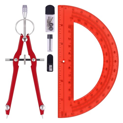 Unjoo Compass and Protractor Set, Math Compass for Geometry (Red) - color: Red