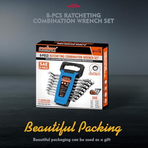 HORUSDY Combination Ratchet Wrenches Set with SAE | 8 Pieces Wrench Set with Wrench Organizer | 72-Tooth | 5° Swing Arc | 1/4" - 11/16" | Chrome Vanadium Steel - style: 8-Piece