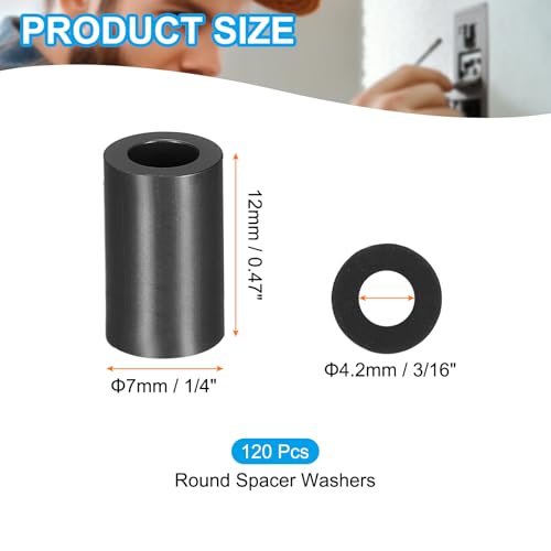 PATIKIL 120Pcs ABS Spacers 4mm ID, 7mm OD, 12mm Height Plastic Round Stud Spacer Black Nylon Washers Nut Unthreaded Rubber for M4 Screws Bolts Barrel - size: 4mm ID, 7mm OD, 12mm Height
