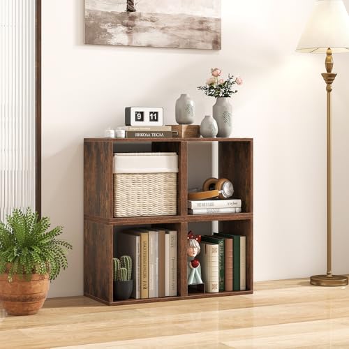 2 Stackable Cubes Bookcase, Wooden Cubby Storage Organizer - color: Rustic Brown