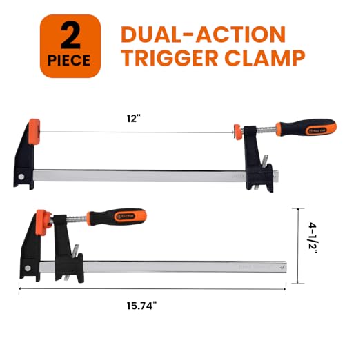 TACTIX 12" Steel Bar Clamps Set, 2-pack Quick-Release F Clamp with 2.4" Throat, 660 lbs Steel F Clamp for Woodworking, Metalworking, DIY - size: 12in