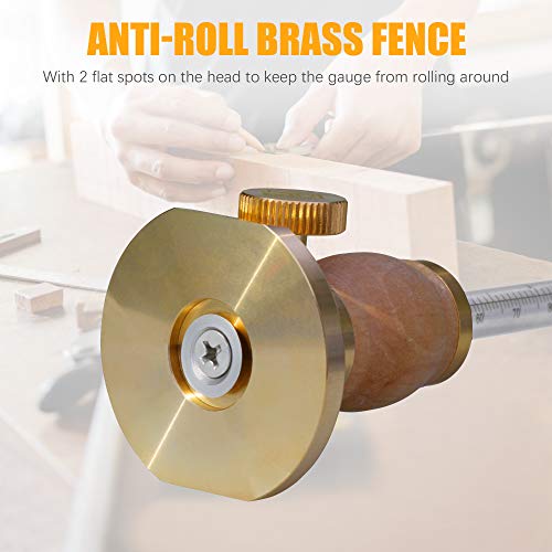 Wheel Marking Gauge Kit with 2 Extra Cutter Wheels, Anti Roll Brass Head with Hornbeam Wood Holder, Metric and Imperial Micro Adjuster Ruler, Woodworking Tools Scriber for Woodwork