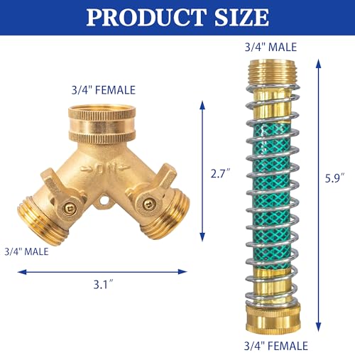Hourleey 2 Way Hose Splitter, 3/4" Brass Hose Y Splitter with 2 PCS Garden Hose Extension Hose Coiled Spring Protectors and 6 Rubber Washers - size: 2 Pack with Splitter