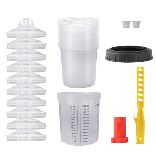 Disposable Paint Mixing Cup 27 Ounce (800ml) Kit,HVLP Paint Sprayer Gun Mixing Cups with 10 Cups and Lids System, 2 Plugs and 1 Hard Cup with Retainer Ring,Paint Stirrer (10)