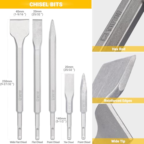 TGFTGF 17-Piece SDS Plus Rotary Hammer Drill Bits and Chisel Set, YG8C Carbide Tips, SDS Plus Bits, Masonry Drill Bit Set for Concrete, Brick and Stone, with Storage Case, Ideal Tool for DIY, Home - size: 17PCS