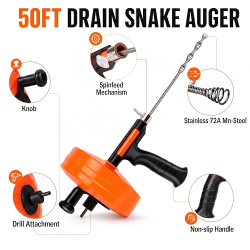 Drain Snake 50-Foot, Manual or Drill Powered Drain Auger