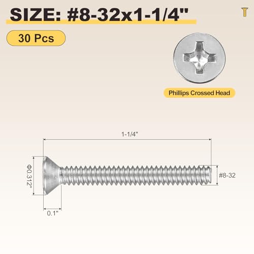 METALLIXITY #8-32x1-1/4 Phillips Flat Head Bolts 304 Silver 30Pcs - color: Silver, size: #8-32x1-1/4"
