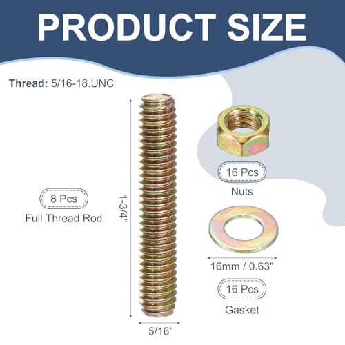 PATIKIL 5/16" x 1-3/4" Color Zinc Fully All Thread Rod, 8 Pcs Carbon Steel Long Threaded Screw Stud Bolts for Furniture Garden Mounting Assembly Fastening - size: 5/16" x 1-3/4"