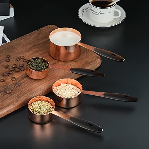 Joyhill Copper Measuring Cups and Spoons Set of 10 Piece, Stainless Steel Nesting Measuring Cup Set with Soft Touch Silicone Handles for Dry and Liquid Ingredients - color: e)Rose gold-Black