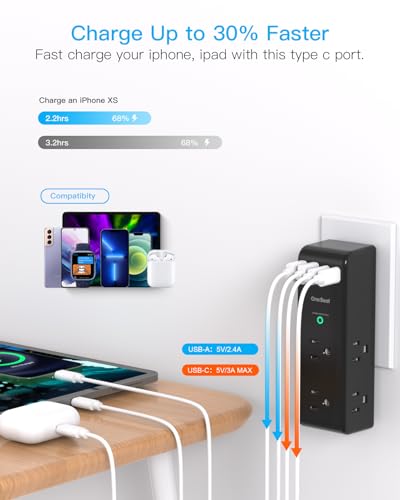 Surge Protector Outlet Extender, Multi Plug Wall Outlet,Rotating Plug,Black - color: Black, size: 2C2A, 1 Pack