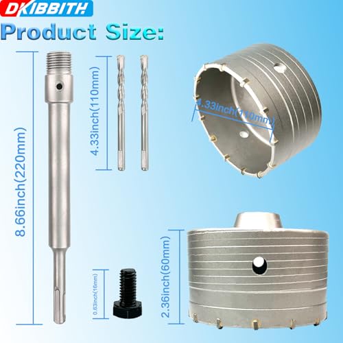 4-1/4" Concrete Hole Saw, 110mm Tungsten Steel Core Bit for Cinder Block, Brick, Rock, Plank Walls for Pipes or mini Split Lines, with SDS Plus Shank and 2 Center Positioning Drill Bits. - size: 4-1/4"