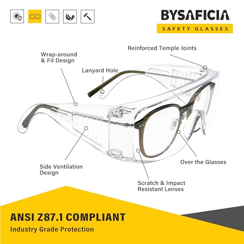 6 Pack Clear Safety Glasses Over Eyeglasses, ANSI Z87.1 Impact Resistant Polycarbonate Lens, Safety Goggles Over Glasses, Protective Eyewear for Lab, Construction, Outdoor Work - color: Clear Lens