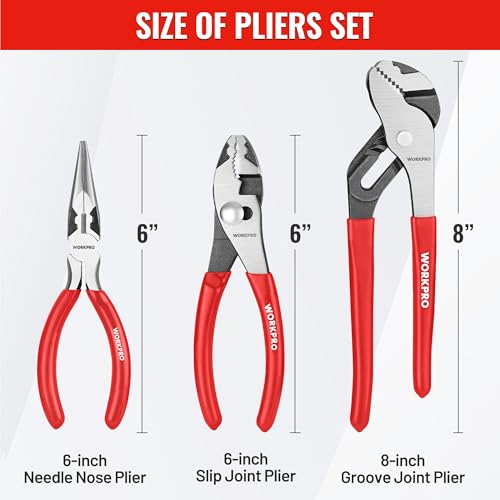 WORKPRO Pliers Set, 3-Piece Plier Tool Set with Soft Handle - color: Red