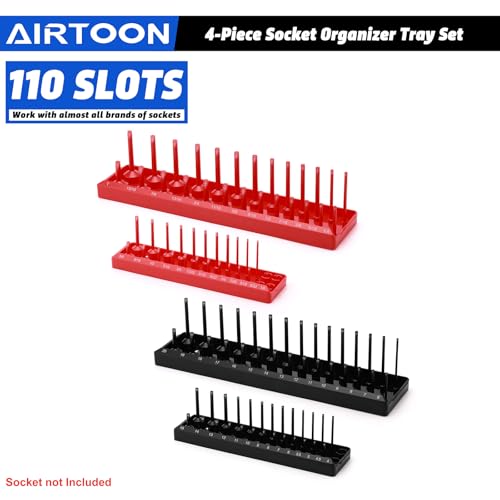 1/4-Inch & 3/8-Inch Drive Socket Organizer Trays, 4-Piece SAE and Metric Socket Tray Set, Deep and Standard Socket Holders Organizers for Toolbox, Black & Red - size: 1/4 & 3/8-Inch SAE and METRIC