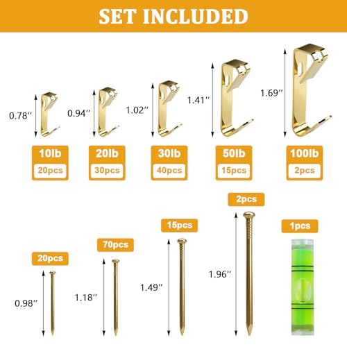 KURUI 214Pcs Picture Hanging Hooks, Renter Friendly Picture Hanging Kit with Heavy Duty Picture Hangers and Hardware Nails, for Frame, Painting, Art and Photo, on Drywall,Plaster, and Wood Wall - color: Gold