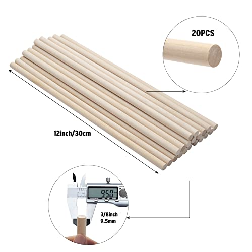 Wooden Dowels Wood Sticks for Crafts 3/8 x 12, 20 PCS Wood Dowel Rods, Round Macrame Dowels, Unfinished Hardwood Sticks for Arts and DIYers, Crafting, Tiered Cake Support and Wedding Ribbon Wands - size: 3/8"×12"-20PCS