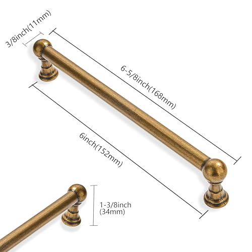 10 Pack 6 Inch Hole Center Antique Brass Cabinet pulls 100% Solid Heavy Duty Dresser Pulls Cabinet Drawer Pulls for Kitchen Cupboard Hardware - color: Antique Brass, size: 6 inch hole center