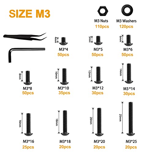 VIGRUE 610PCS 14.9 Grade Alloy Steel M3 Button Hex Head Cap Screws M3 x 4/5/6/8/10/12/14/16/18/20/25mm Machine Screws Bolts Nuts Washer Assortment Kit - size: M3 Button black