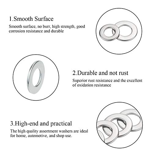 DYWISHKEY 268PCS 8 Sizes Flat Washers Assortment Kit, 1/2 3/8 5/16 1/4 12# 10# 8# 6#, 304 Stainless Steel