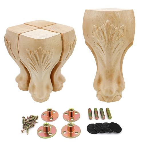 4Pcs 6in Unfinished Solid Wood Furniture Legs Carved European Style - color: B