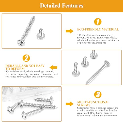 128 Pieces #8 x 1/2" 5/8" 3/4" 1" 1-1/4" Wood Screws Set, Phillips Pan Head #8 Self-Tapping Screws Assortment Kit, 304 Stainless Steel - size: #8, style: Phillips Pan Head