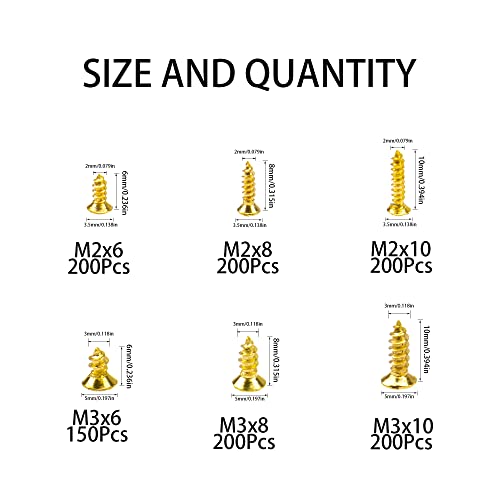 1150Pcs M2 M3 Gold Plate Carbon Steel Small Screws Phillips Flat Head Cross Self Tapping Tiny Screw Cabinet Electronic Accessories Screw DIY Micro Woodworking Mini Screw Assortment Kit