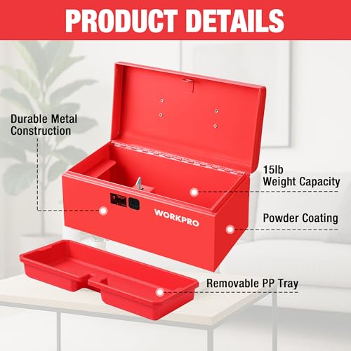WORKPRO 10.8" Mini Metal Tool Box with Removable Tray - color: Red