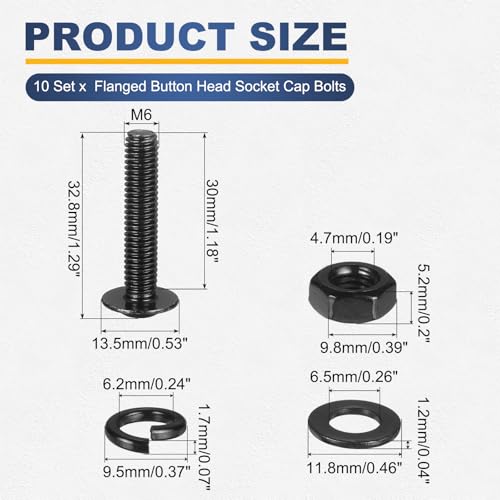 M METERXITY 10 Set M6 x 30mm Flanged Button Head Socket Cap Screws, Black 304 Stainless Steel 18-8 Hex Socket Head Screws Bolts, Nuts, Flat & Lock Washers for DIY, Furniture, Automotive - size: M6 x 30mm